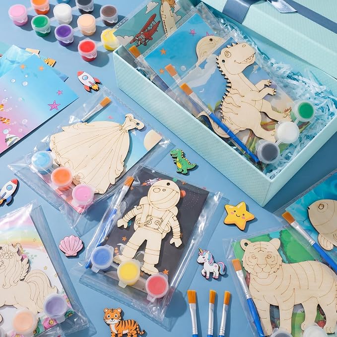 Saypacck 24 Pcs Animal Theme Party Favors Wooden Paint Craft Kits | Princess Unicorn Fairy Cowgirl Themes, With Brush Organza Bag, Ideal for Kids Girls Birthday Party Goodie Bag Fillers