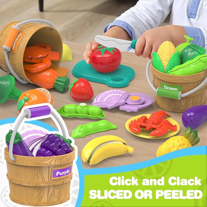 Play Food Toys with with Shopping Storage Basket, Cutting Food Sorting Toy | Pretend Play Kitchen Accessories, Cutting Food Sorting Toy, Fake Fruits/Vegetables Set , Plastic Board and Knife, Birthday