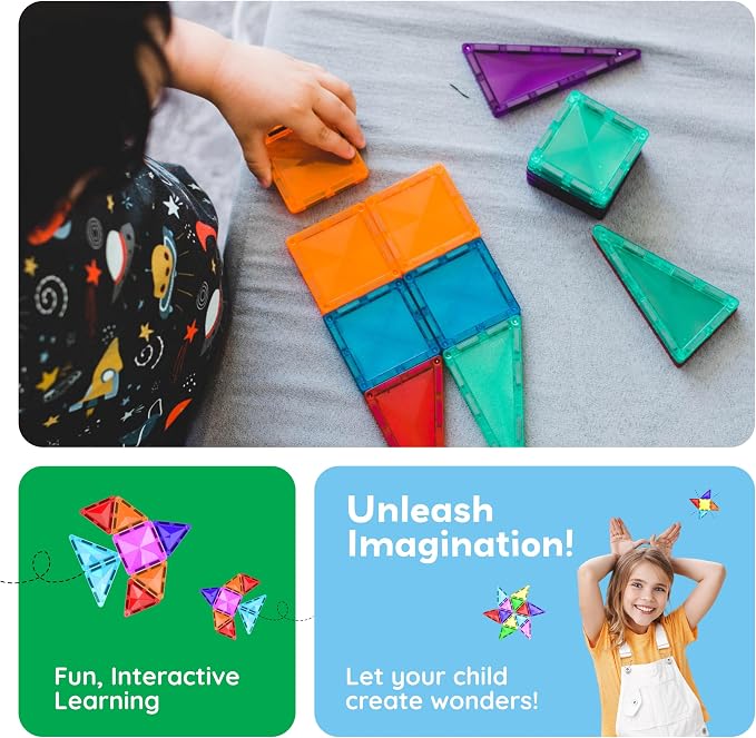 PicassoTiles 80 Piece Magnetic Tiles, STEM Building Set with Car, Ages 3+ | 79 diamond-cut shapes, 1 rolling base, 10 squares, 59 triangles, 10 rectangles, BPA-free, educational learning, creative fun