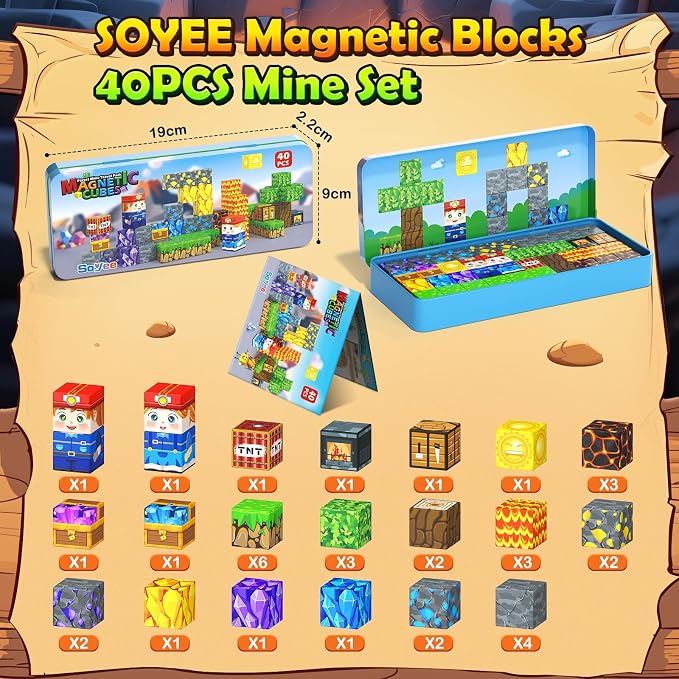 Magnetic Blocks Travel Toys with Iron Box Preschool Educational Kids Toys | Portable Travel Essentials Learning Outdoor Building Cubes 40PCS STEM Birthday Gifts for Boys & Girls Ages 3+