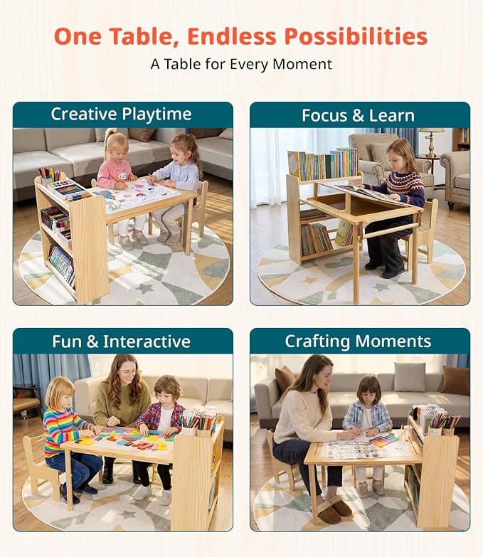 Kids Art Table and 2 Chair Set, Wooden Craft Table with Storage Shelves | Toddler Activity Desk for Creativity, Drawing, Learning & Playtime