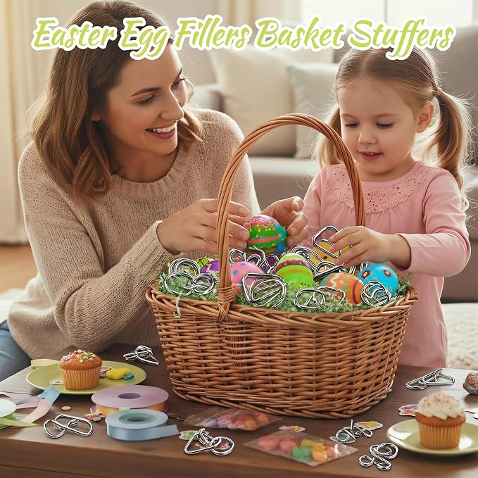 24 Pcs Prefilled Easter Eggs with Brain Teaser Puzzles Toys for Kids,Easter Basket Stuffers Filled with Metal Montessori Solving Bulk 3D Unlock Logic Gifts for Boys Girls,Party Favors