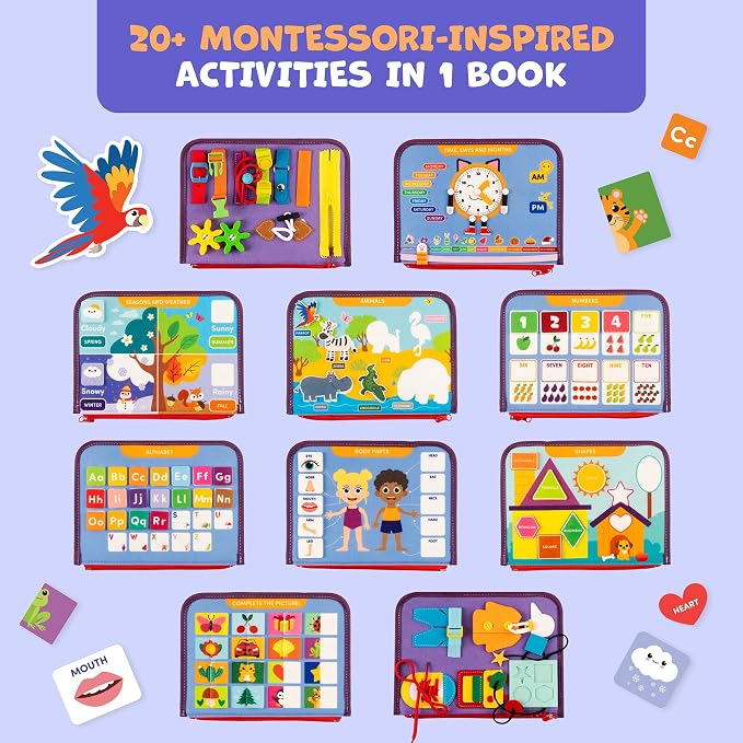 Busy Book for Toddlers & Babies 1-3 Year Old, Montessori Learning Toy Board | Sensory felt activity book, portable for car & airplane travel play, calming, screen-free, quiet light table toy, gift
