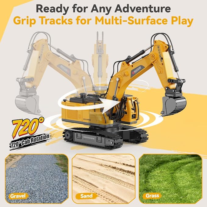 Remote Control Excavator Toy for Boys, 2.4GHz RC Excavator Toys with Metal Bucket, 12-Channel Construction Vehicle with Mist/Lights/Sound, 2x1200mAh Batteries, STEM Birthday Gift for Kids 3-12