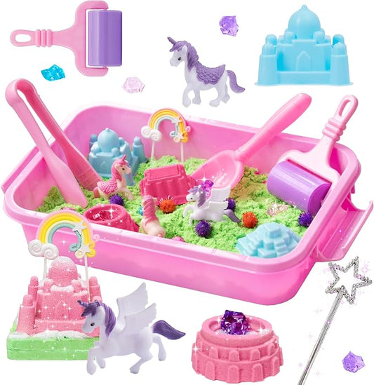 Carolart Unicorn Sensory Bin, Sand Box Kit with Sensory Sand for Girls | Unicorn sand kit , Sensory kit with castle molds and storage bin for creative play, girls gifts for toddlers ages 3+