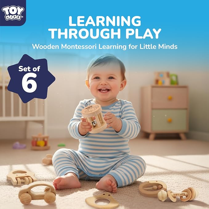 TOY Life Wooden Toys Cars, Montessori Baby Toys 6-12 Months, Wooden Baby Toys Rattle Cars for Toddlers 1-3, Baby Boy Nursery Decor, Montessori Toys for 1 Year Old Boy (6 PCS Rattle Set)