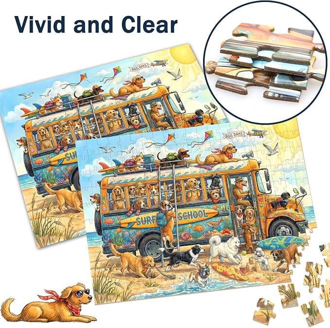 Puzzles for Kids Ages 6-8 8-10 - 200 Piece Dogs On The Beach Surf Puzzle | Educational Learning Toys.Colorful Children Puzzles for 6 7 8 9 10 11 12 Years Old Boys and Girls.Birthday and Holiday Gifts