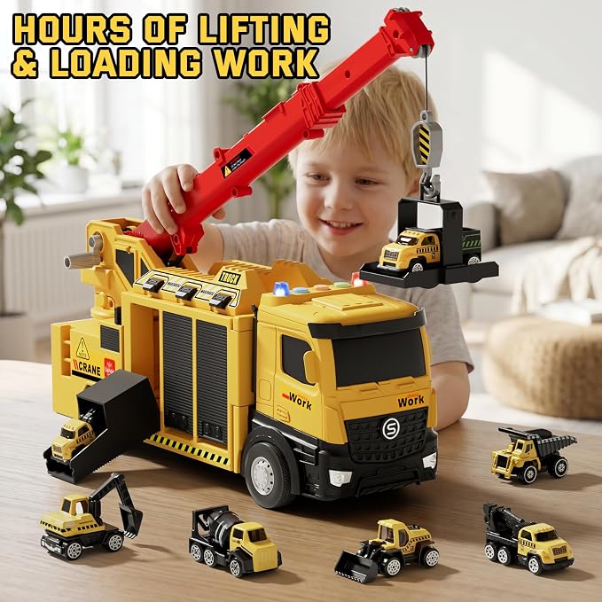 Lehoo Castle Construction Crane Truck Toys for Boys 3 4 5 Year Old | Construction Vehicles, Realistic Light & Sound, Crane Truck Toys, Birthday Gifts for Toddlers 3+