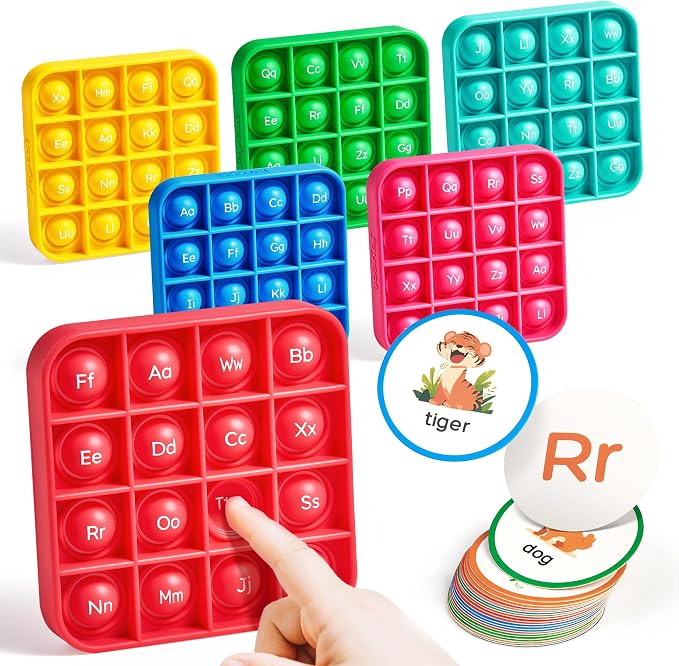 JoyCat Alphabet Bingo Game, 6 Silicone Boards & 26 Cards, Ages 3-5 | Reusable silicone boards suit preschool small groups, classroom centers, homeschool and travel play.