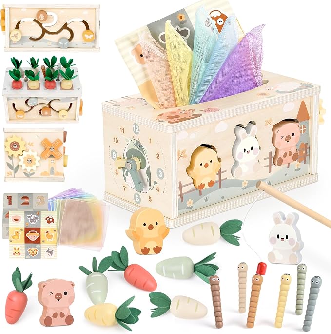 Joyreal 8-in-1 Montessori Tissue Box Toys for 1+ Years Wooden Activity Cube | Neutral Color, Farm Animal Toy, Shape Sorting, First Birthday Gift for Boy/Girl, Educational Toy, Sensory Toy for Toddler 1-3