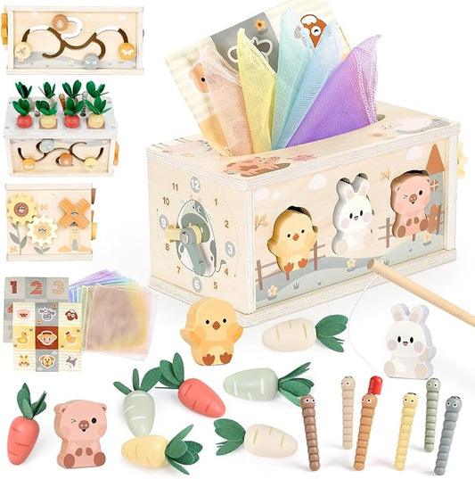Joyreal 8-in-1 Montessori Tissue Box Toys for 1+ Years Wooden Activity Cube | Neutral Color, Farm Animal Toy, Shape Sorting, First Birthday Gift for Boy/Girl, Educational Toy, Sensory Toy for Toddler 1-3