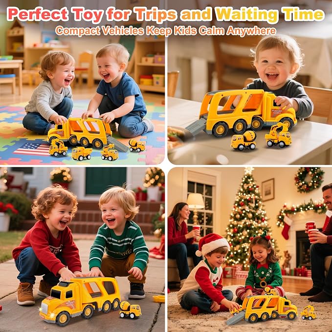 Construction Truck Toys for Toddler 3-4: 5-in-1 Vehicles with Sound Lights | 13 inch Big Carrier 4 Mini Truck - Great for Little Boys Daily Repeat Play - Ideal Christmas Birthday Gifts for Boy Grandkids