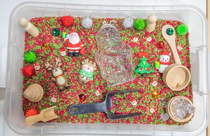 Christmas Sensory Bin Kit for Kids | Christmas Theme Red & Green Rice, Xmas Accessories, Santa Claus & Wooden Tools – Includes Clear Storage Bin