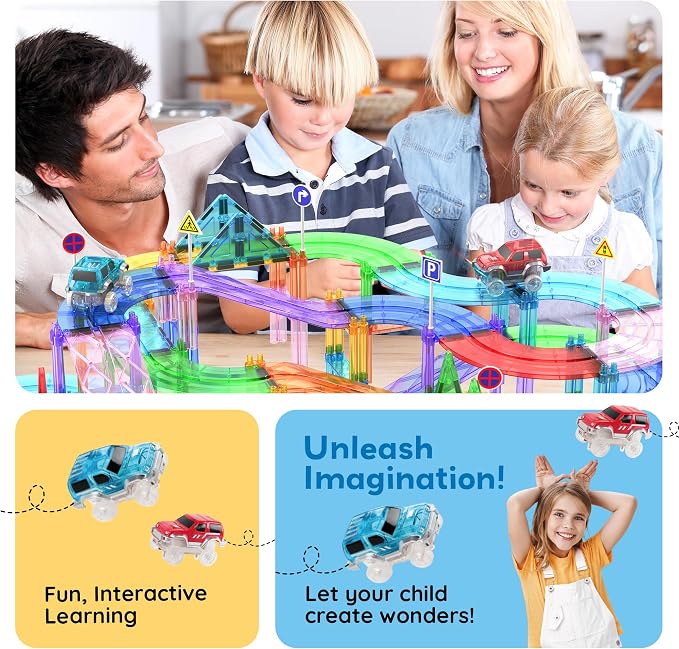 PicassoTiles 150 Piece Race Car Track, Magnetic Building Set with 4 Cars 3+ | BPA-free plastic, screen-free STEM fun, sharpens hand-eye motor skills, expands into full-size collections, smooth safe edges