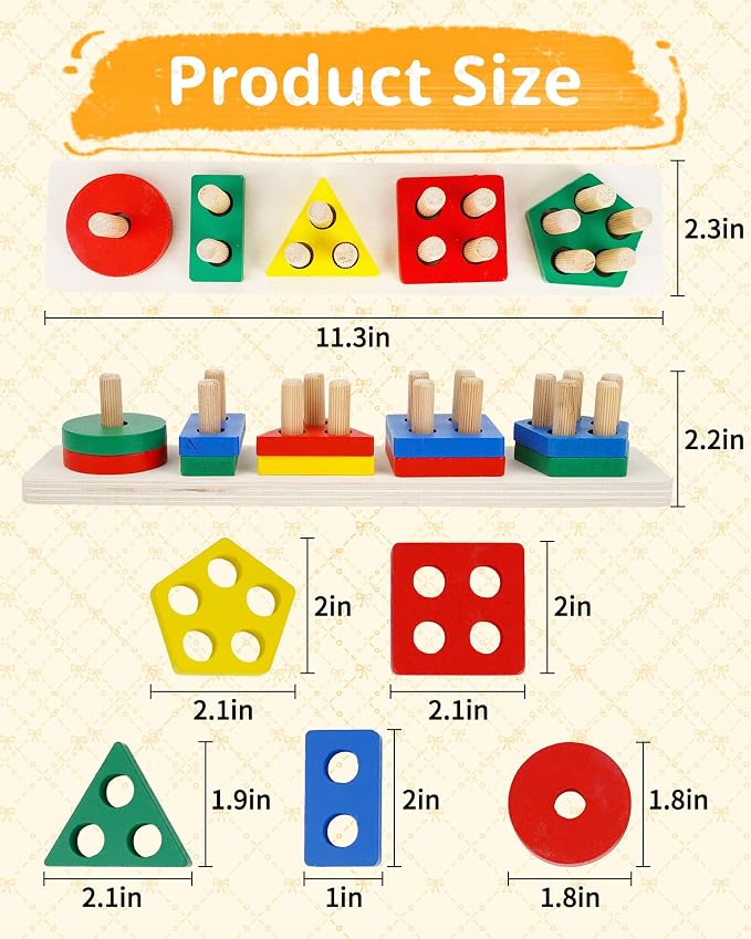 Montessori Toys for 1 2 3 Year Old, Wooden Stacking & Sorting Toy with Geometric Shapes, Educational Learning Toys and Birthday Gifts for Toddlers Boys Girls 1-3