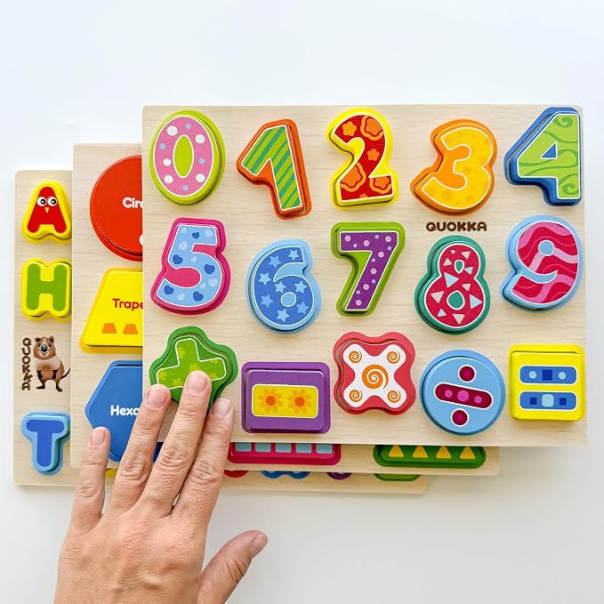 QUOKKA Wooden Puzzles for Toddlers 2-4 - Chunky Toddler Puzzles Ages 3-5 - Learning Travel Game with Numbers Alphabet Shapes - Wood Educational Gift for Boys and Girls