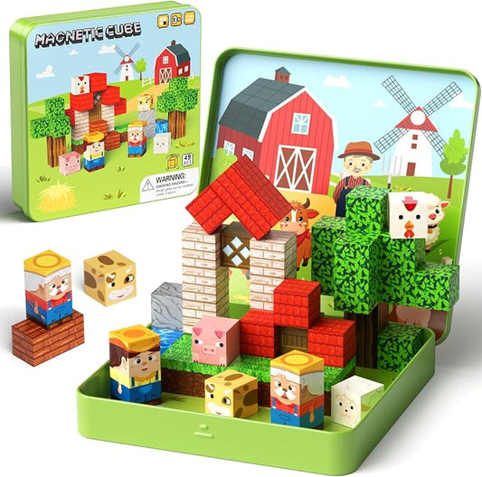 Mini Magnetic Blocks for Travel Toys: 49 Pcs Farm Animals Iron Storage Box | Portable Play Base Magnets Building Cubes Car Rides Activity & Plane Trips Essentials STEM Learning for Kids Toddler Ages 3-8
