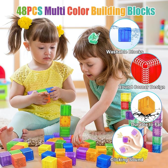 Magnetic Building Blocks for Toddlers, 1.38 inch Large Magnet Stacking Cube | 48PCS Educational Building Toys for Kids, Montessori Toys for 3 4 5+ Year Old, Preschool Learning Color Sorting Sensory Play