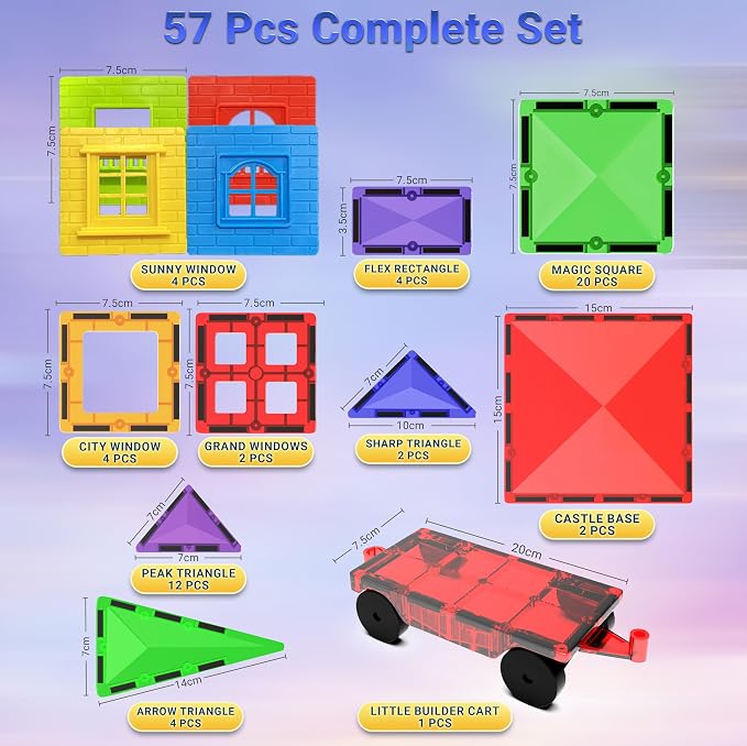 Magnetic Tiles Building Blocks Toy - STEM Educational Magnet Set for Kids, Creativity Preschool Learning Sensory Montessori Toddler Toys for Boys & Girls 3+ Years Old - 57PC