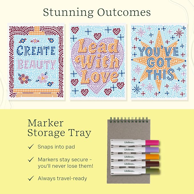 Lifelines FlowArt Mini Activity Pad, 3-Pack - Dot-by-Letter Coloring Books | 15 Double-Sided Markers & 60 Scenes - Guided Art Meditations for Tweens, Adults & Seniors - Dot-by-Letter - Patent-Pending