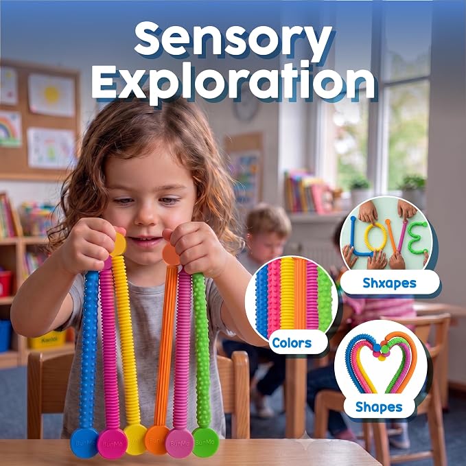 BUNMO Stretchy Strings - Sensory Toys - Stimulating & Fun Sensory Toys for Kids - Fidget Toy - Hours of Fun for Kids - Non-Mouthable Toy 3+ - Textured 6 Pack