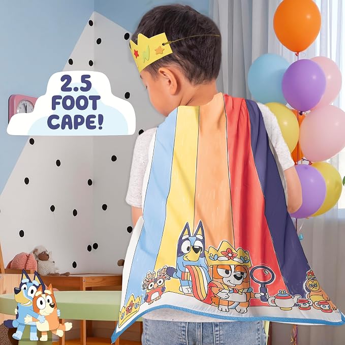 Bluey Creative Dress-Up Set, Includes Colorable Cape, Felt Crown, & Play Mask, Foam Stickers, Coloring Markers, and Gems, Bluey Toys, Toddler Activities, Dress Up Costumes for Kids, Fun Family Toy