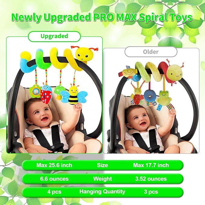 Car Seat Toys for Babies 0-6 Months, Upgraded Version | Spiral Activity Soft Plush Hanging Toys with Rattles, Fits Car Seat & Stroller, Ages 0 and Up