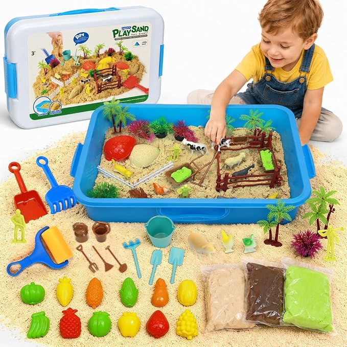 Lunoppy Farm Sensory Sand Kit, Lidded Sand Bin Farm Toys for Kids Ages 3-12 | Indoor Sandbox with 3-Color Magic Sand & Tools, STEM Montessori Farm Sensory Toys, Christmas & Birthday Gifts for Boys Girls