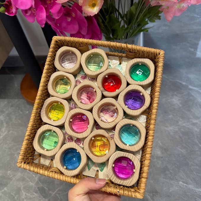 20PCS Wooden Gem Blocks Stacking Toys,Colorful Acrylic Windows Blocks, Rainbow Crystal Acrylic Building Cubes Educational Sensory Training Crystal Toys (20PCS Round Gem Blocks)