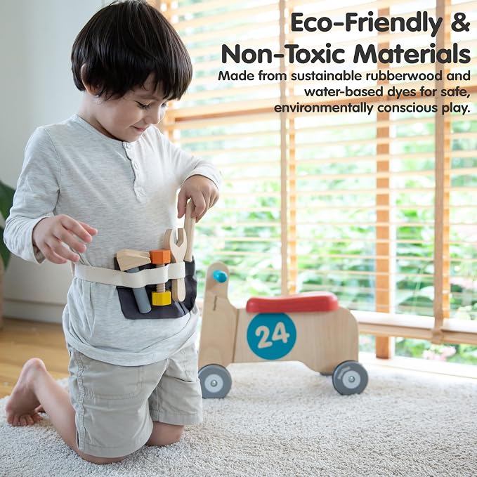 PlanToys® Wooden Tool Set for Toddlers | Includes Hammer, Wrench, Screwdriver, Ruler & Bolt | Pretend Construction Play Set | Eco-Friendly Montessori Educational Toy for Hands-On Learning | ruler, kids tool sets for boys age 2-4, montessori toys, girls...