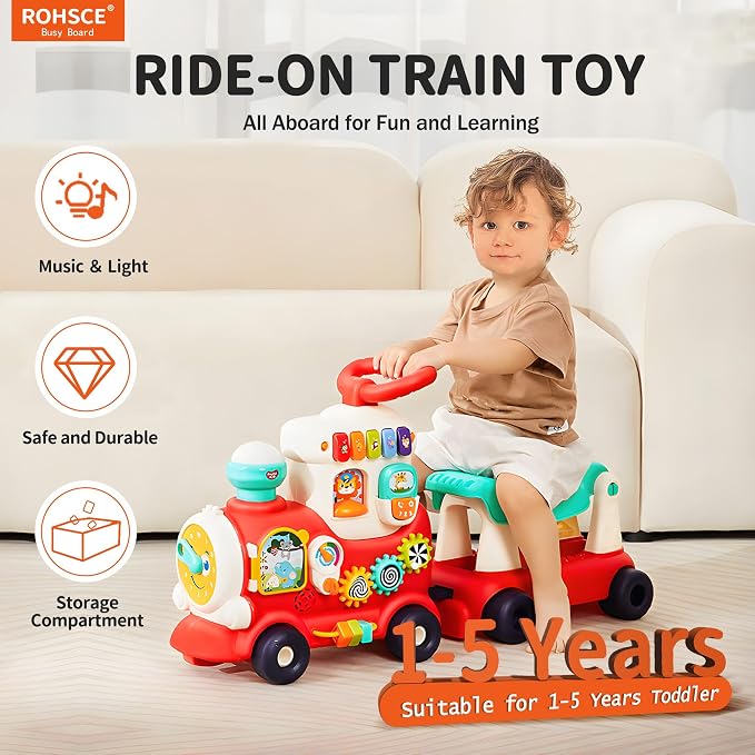 Ride On Train Toy for Toddlers 1-3, 4-in-1 Push and Pull Baby Walker Car | Push, Pull, Sit-to-Stand Walker, Walking Car Toy for Baby 1 Year Old, Indoor Outdoor Toddler Activity Toy