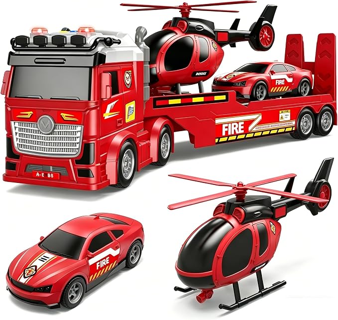 Boys Fire Truck Toy, 25" Large Friction Semi Truck with Helicopter & Race Car, Lights & Sounds, Suitable for Ages 3-8