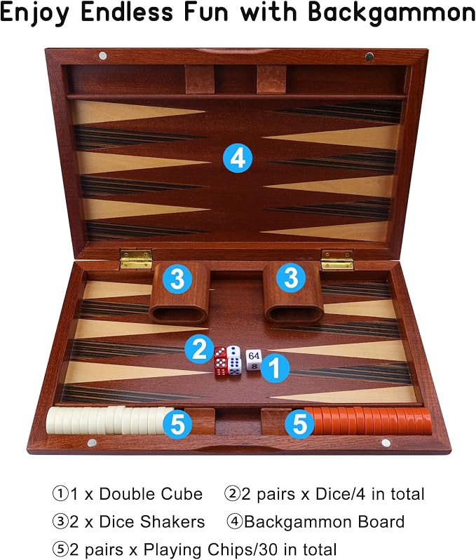 Wooden Backgammon Set, 15 inch Folding Backgammon Board Game with 32 Pieces | Portable Travel Strategy Game for Adults & Kids | Complete Backgammon Set in Wood Case for Family Game Nights & Gifts
