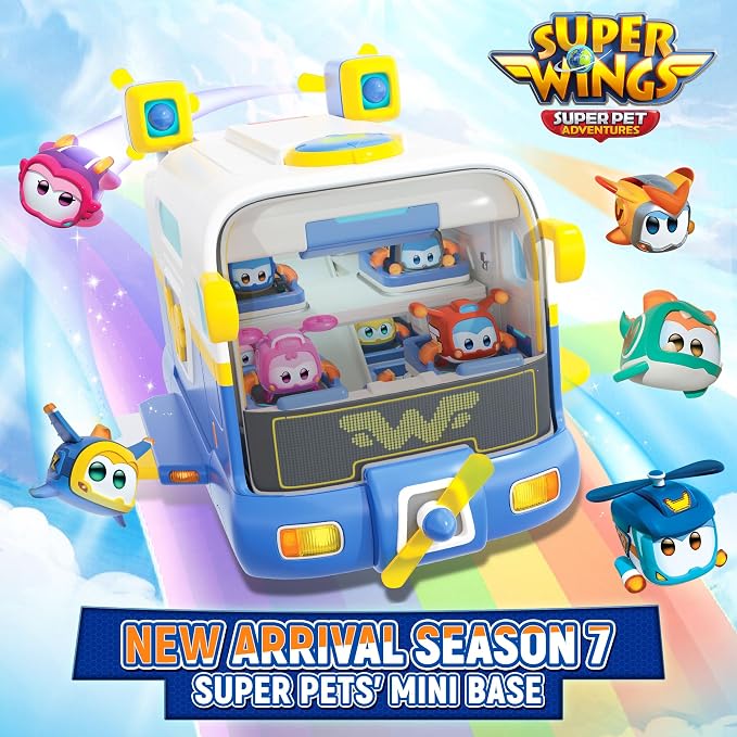 Super Wings Season 7 New Super Pets' Mini Base，Transforming Playset from Bus to Aircraft, with Super Pet Jett & Dizzy, Role Play Toys for Kids, Gifts for Girls Boys Age 3+