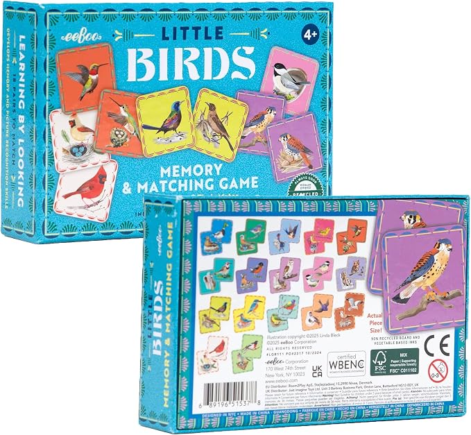 eeBoo Little Birds Memory & Matching Game, Ages 4+, 1-4 Players | Introduces common backyard bird species. Sharpens recognition, concentration & memory skills. Includes 36 tiles, 18 pairs