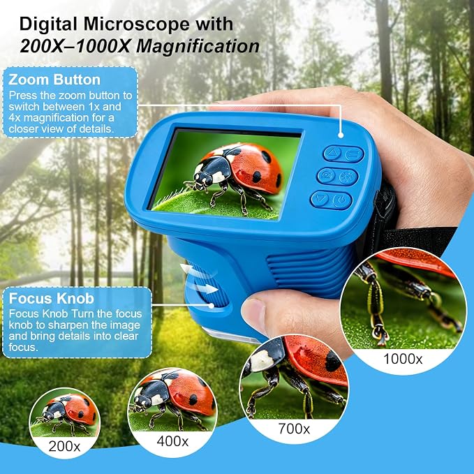 Kids Microscope,1000X HD Digital Handheld Mini Microscope 2.4" IPS Screen | Microscope for Kids, Mini Pocket Microscope for Children Birthday Gift, Science Education Fun for Boys Girls Ages 4-12 Blue