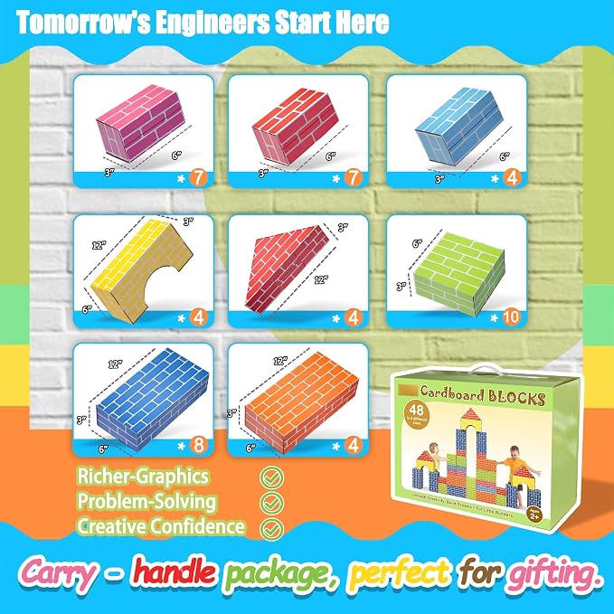 48-Pack Cardboard Building Blocks for Kids: 26/36/48 Jumbo Gifts Heavy Duty Develop Creative Thinking Spatial Reasoning Easy to Assemble