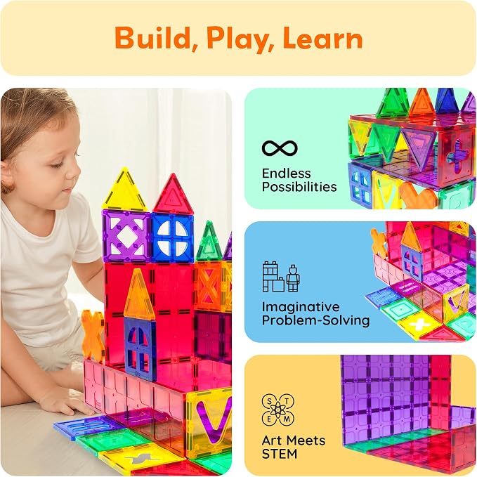 PicassoTiles 28 Piece Large Magnetic Tiles, Stabilizer STEM Set for Kids 3+ | Doubles as foundation, column, pillar support, extra strong magnets, vivid clear colors, safe creative preschool play time