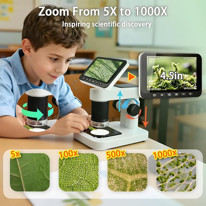 HoverBots Digital Microscope for Kids with 32 GB TF Card | 4.5" Screen Rechargeable Handheld Microscopes, Portable Educational Science Kits for Boys Girls Student Children