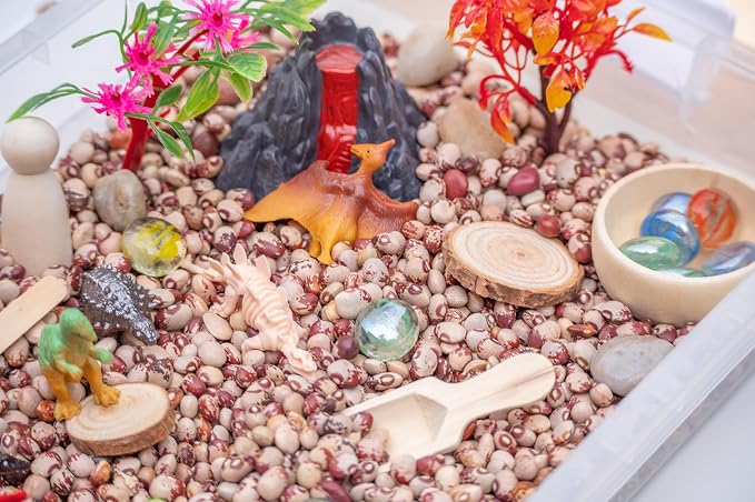 Dinosaur Sensory Bin Kit for Kids | Taste-Safe Pinto Beans, Fossil Skeletons, Trees, Volcano & Durable Wooden Tools – Includes Storage Bin
