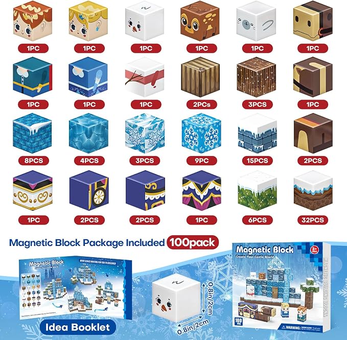 100pcs Magnetic Blocks, Magnetic Blocks for Kids Ages 4-8 | Magnetic Cubes Sets for Ice Castle Build, Stacking Magnets for Kids, Birthday Gifts for Boys and Girls Age 3+ Years Old