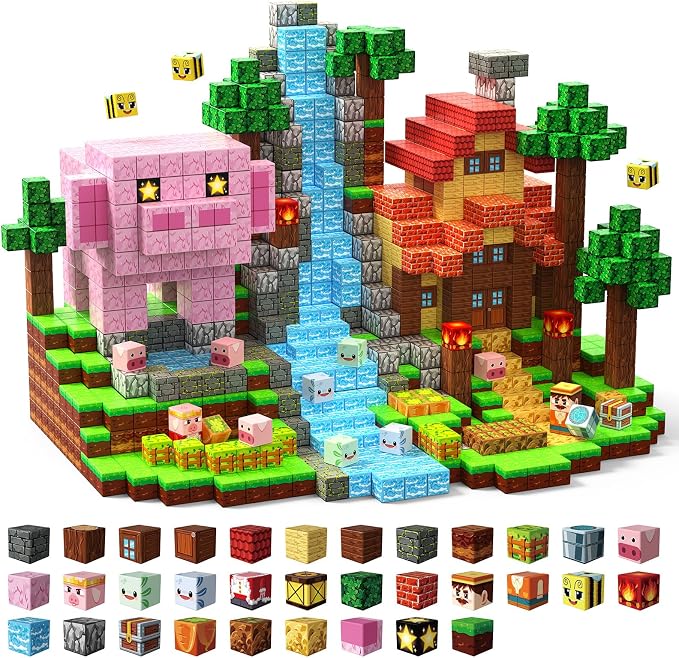 Magnetic Building Blocks STEM Toy Magnet Cubes for Kids 4-12 | Magnetic Cubes, 0.8 inches Building Blocks, Christmas Birthday Gifts for Kids Boys Girls Forest Pig Red Build-220pcs