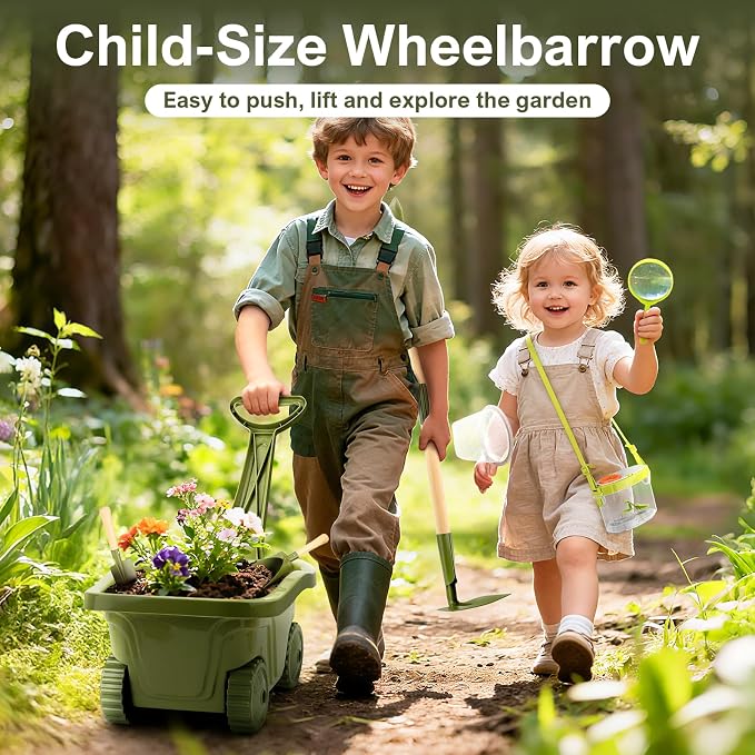 Dreamon Kids Gardening Set, 14Pcs Kids Gardening Tool with Bug Catching Kit | 2-in-1 Outdoor Toys with Wheelbarrow and Bug House, STEM Educational Toys for 3 4 5 Year Old Girls Boys Birthday Gifts, Green