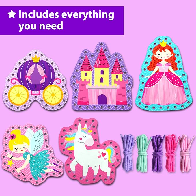 KRAFUN Princess & Castle Lacing Cards Age 3+ | 5 Projects | 5 princess cards: Princess, Unicorn, Castle, Fairy & Crown. Builds fine motor skills. Perfect for toddler girls