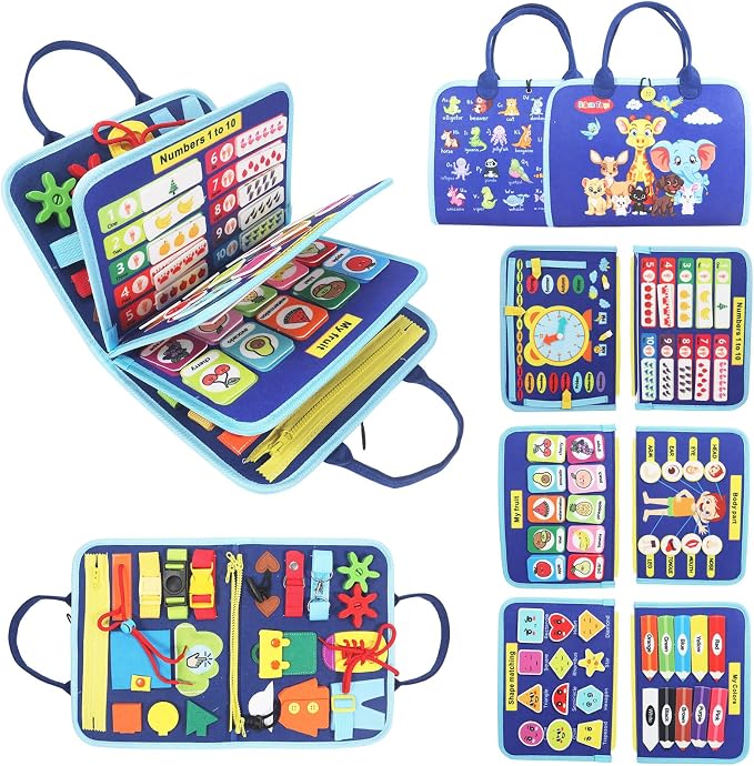 URBAN TOYS Toddler Busy Board for Kids Ages 3+, Montessori Busy Book, Sensory Learning Toy for Fine Motor Skills, Toddler Travel Essential for Airplane & Car, Gift for Boys & Girls