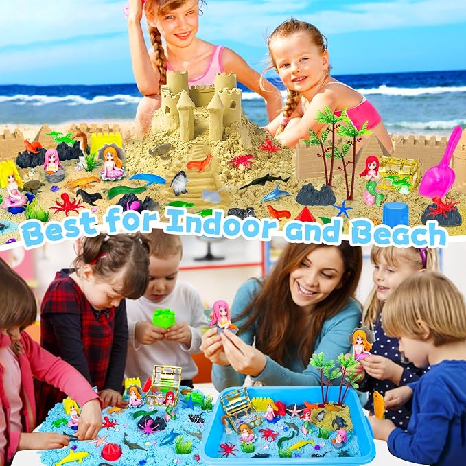 57Pcs Ocean Sensory Bin, Mermaid Sensory Sand Toys for Kids Ages 4-8 Years | Ocean Sand Art Kit Sea Animals Molds Sandbox with Cover, Kids Play Sand Toys Playsand Birthday Gift for Boys Girls 3-5 6 7 8