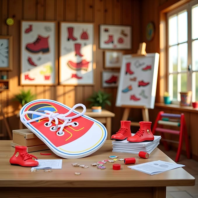 Labriciyon 1Pc Red Shoes Learning Decor Kits,Learn to Tie Your Own Shoes,Practical Learning Decor for Person,Training Board Early Wooden Threading Lacing Craft Kits,Drawing Kits,Arts and Crafts