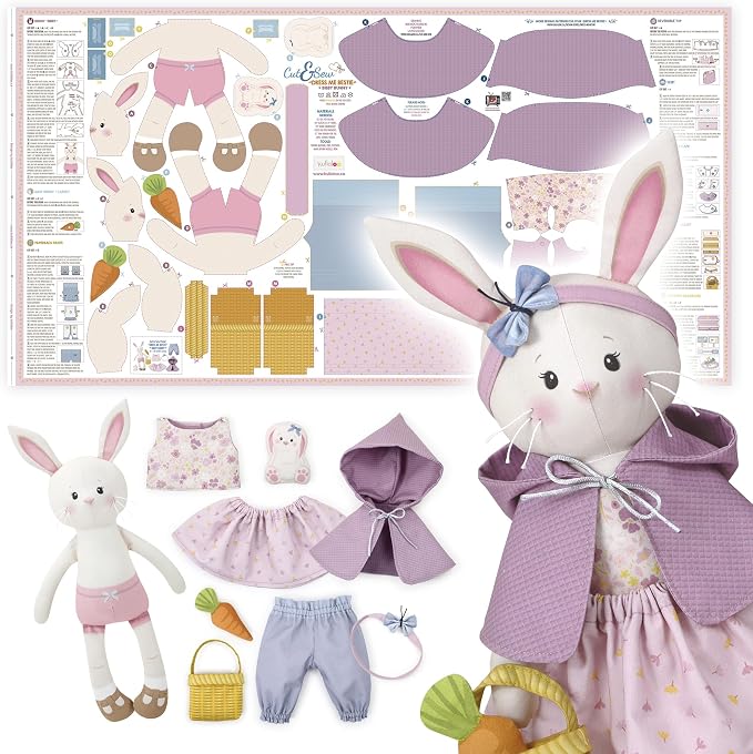 Doll Sewing Panel for Intermediate Skills - with Video Instructions - Cut & Sew Fabric Panel Doll with Clothes: Dress Me Bestie Bibby Bunny