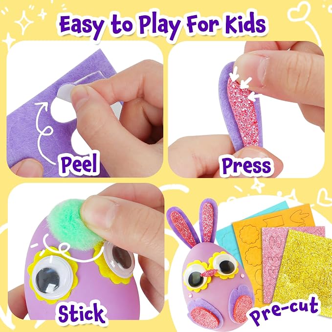 CZTCDP 6 Pack DIY Animal Craft Kit, 3D Egg Party Favors Toys for Kids | Fun Party Activity, Fine Motor Skill Builder, All-in-One Craft Box, Quiet Indoor Game, Safe Peel and Stick Felt & Pom Poms
