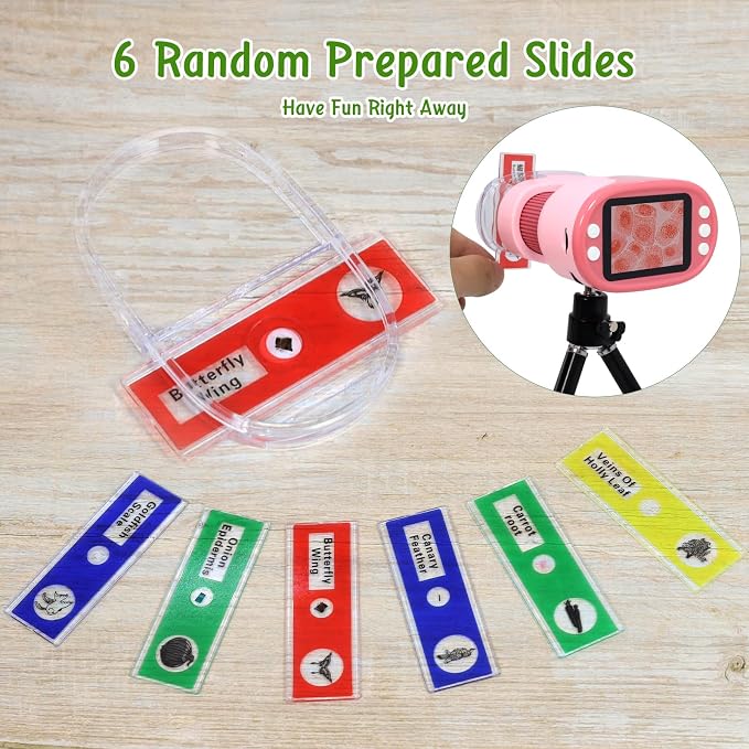 Handheld Digital Microscope for Kids with 2'' HD Screen, 200~1000X Pocket Microscope, Starter Kit with 6 Random Specimen Slides and 32G SD Card Included, Educational Gift for Children Age 6+ (Pink)